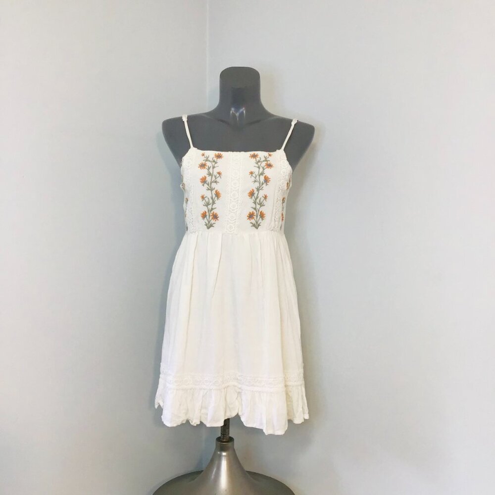 Patrons of Peace White Mini Dress with Orange Floral Embroidery